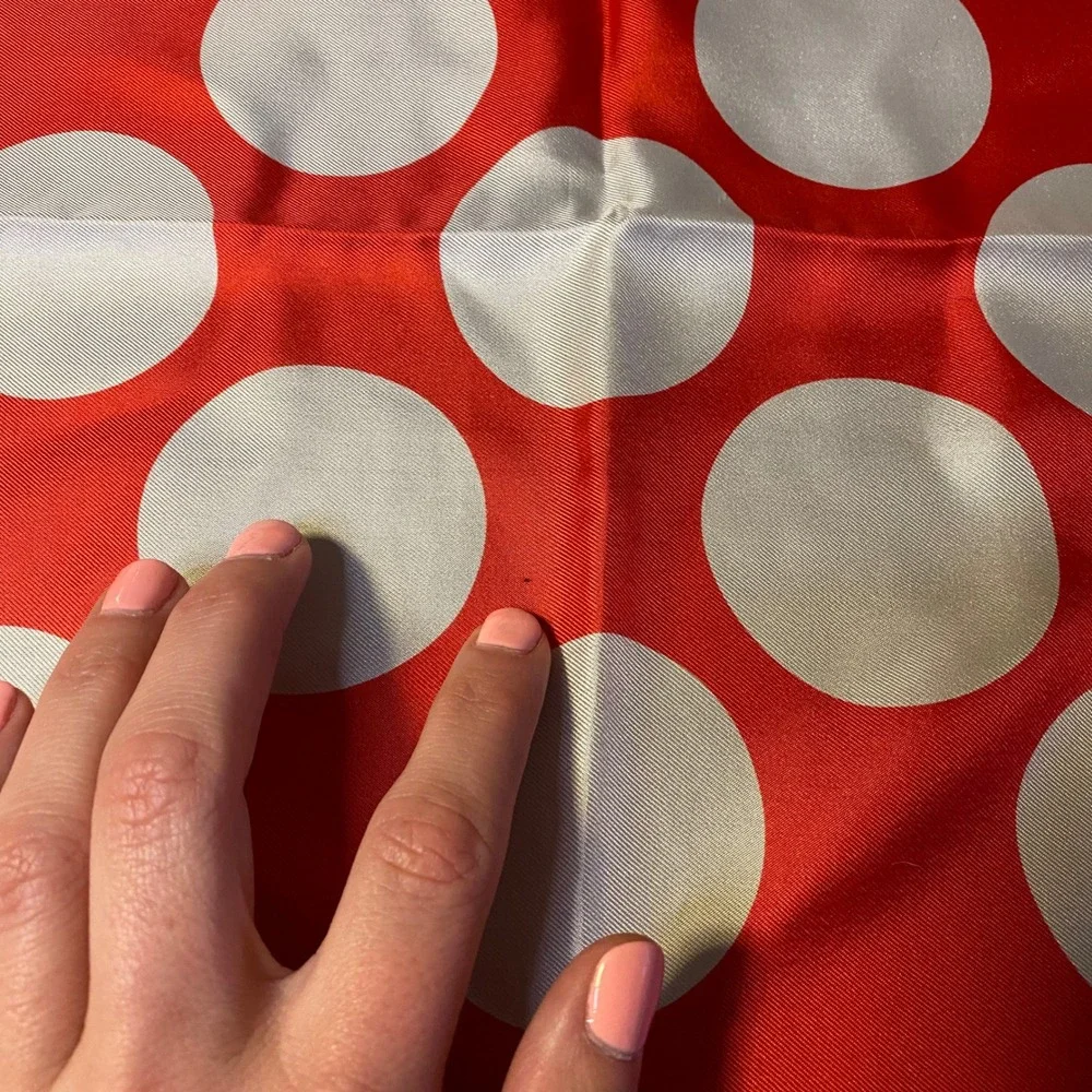 Elaine Gold Vintage Silk Square Scarf Red White Polka Dot Striped Border 22in